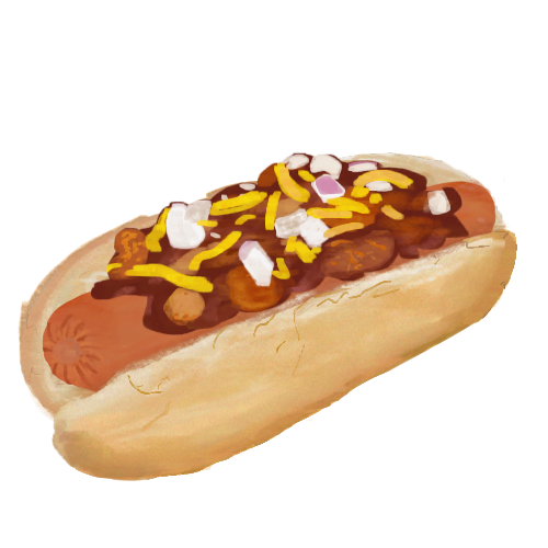 A drawing of a chili dog, which is a hot dog topped with chili, shredded cheese, and diced onion. It is colored in a painterly style and is lineless